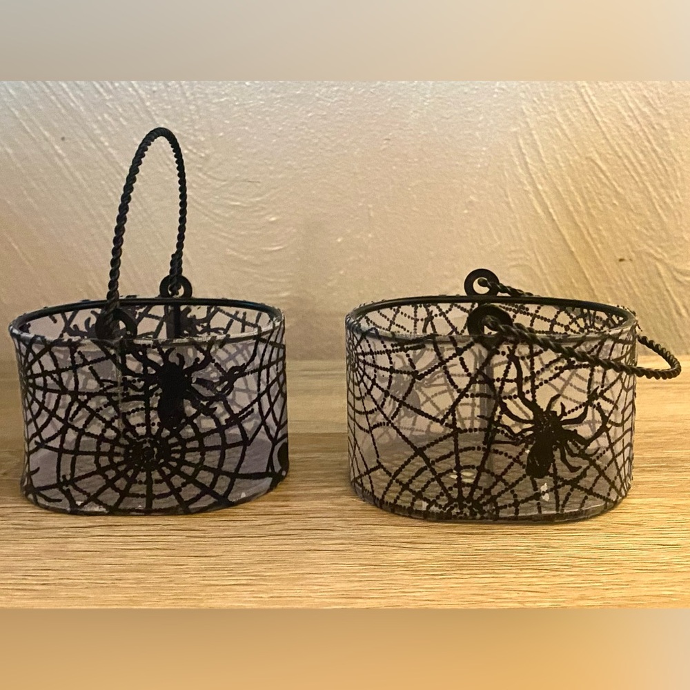 Set of 2 Spiderweb Fabric Covered Halloween Wire Mini Baskets Decor